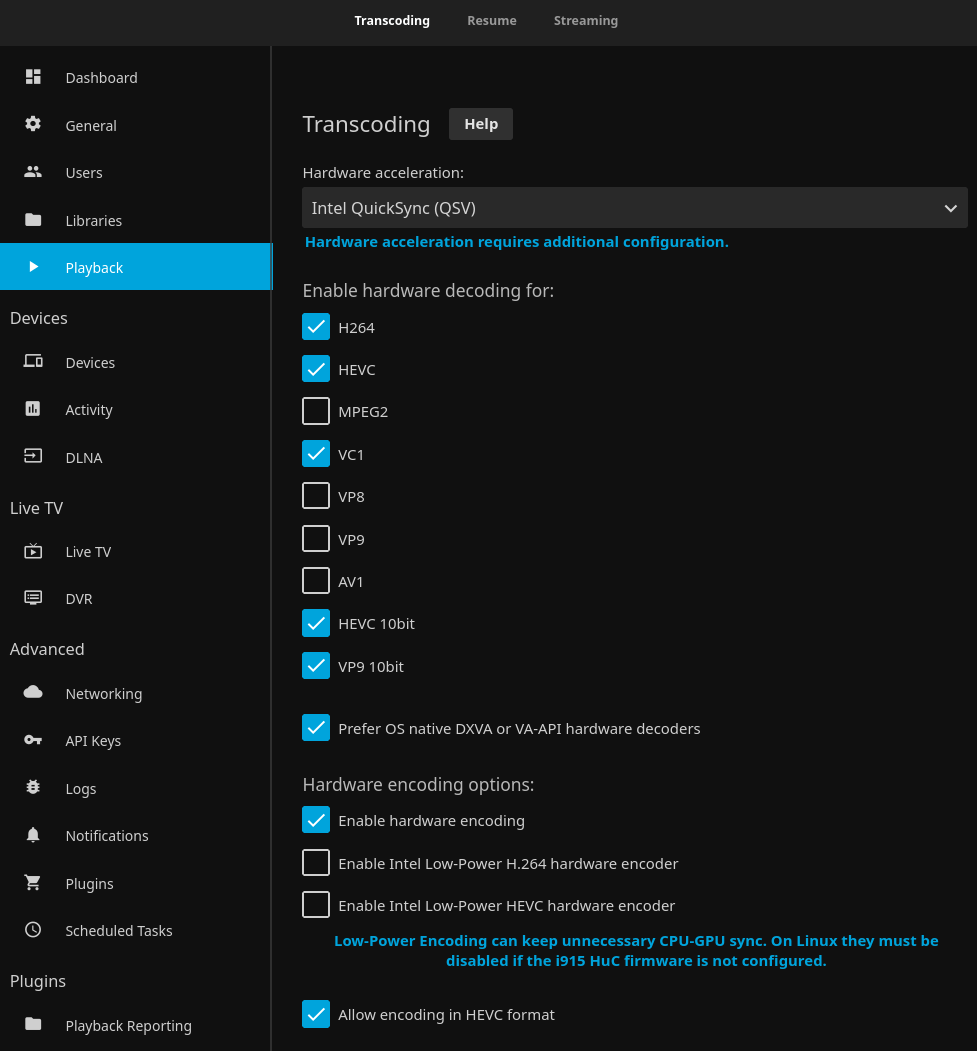 Screenshot of Jellyfin Hardware Acceleration Settings