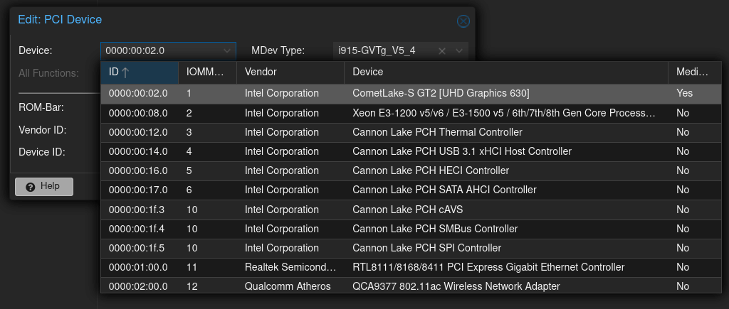 Screenshot of Proxmox Hardware pass through settings